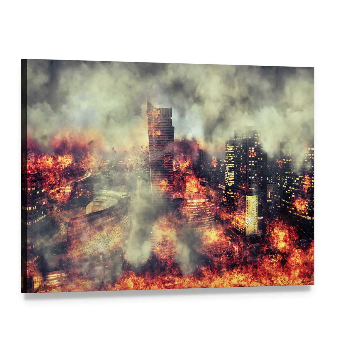 Burning City Abstract Canvas Wall Art, single panel gallery wrapped canvas, angled product view