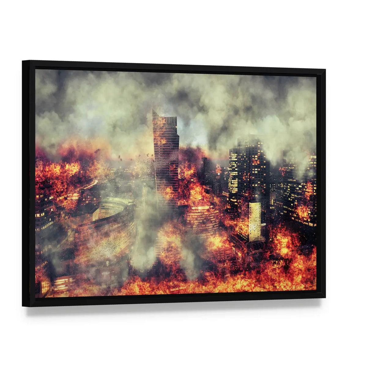 Burning City Abstract Canvas Wall Art, framed canvas in a black floater frame, angled product view