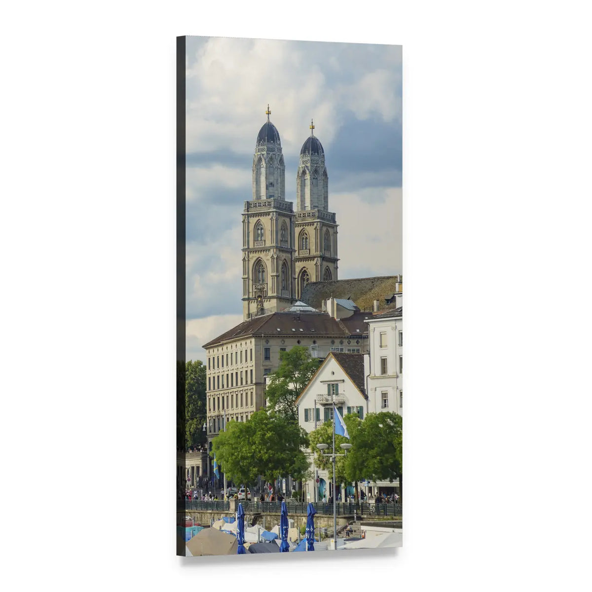 Grossmünster and Limmat River, Zurich Vertical Canvas Wall Art, 1 panel 1 Vertical layout gallery wrapped canvas set, angled product view
