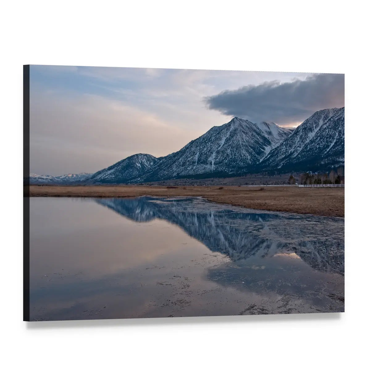Snow-capped Peaks Reflected at Sunset Canvas Wall Art, single panel gallery wrapped canvas, angled product view