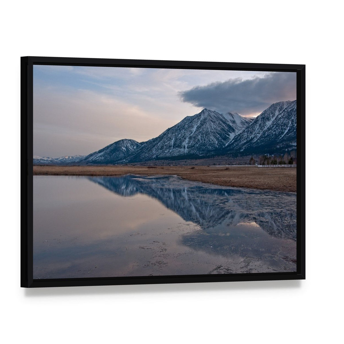 Sunset Reflection on Snow-capped Mountain Lake Canvas Wall Art, framed canvas in a black floater frame, angled product view