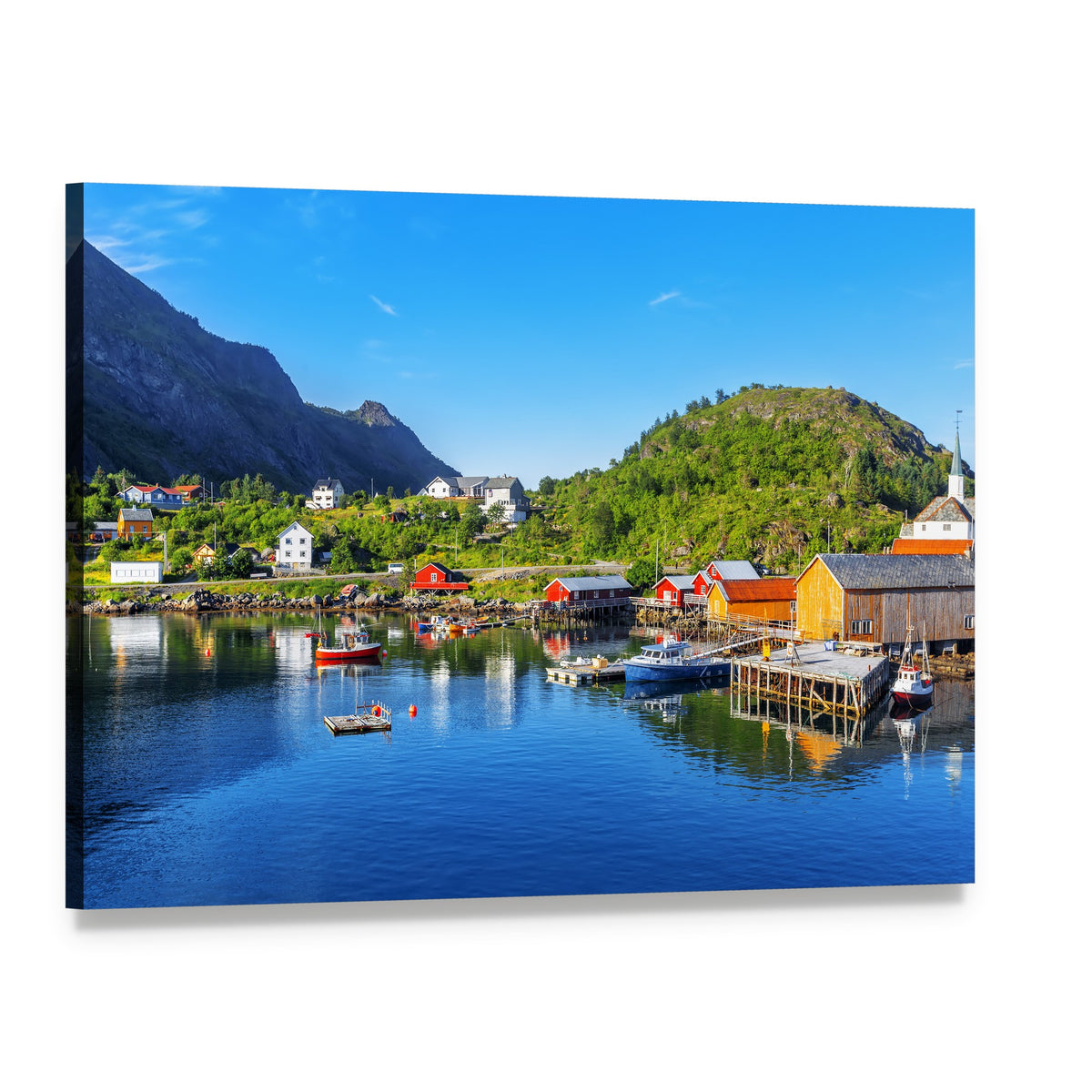 Moskenes Fishing Village Canvas Wall Art, single panel gallery wrapped canvas, angled product view