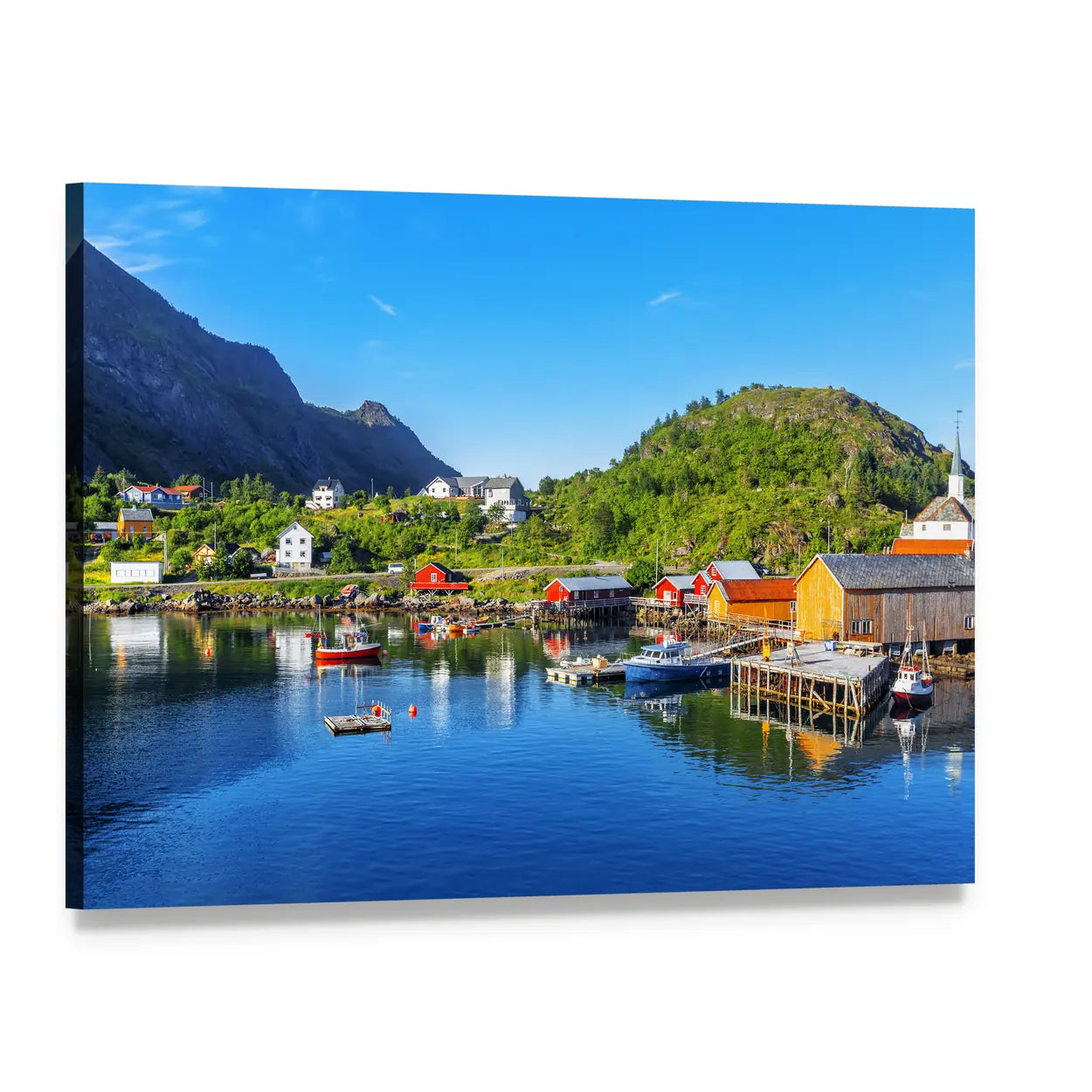 Moskenes Fishing Village Canvas Wall Art, single panel gallery wrapped canvas, angled product view