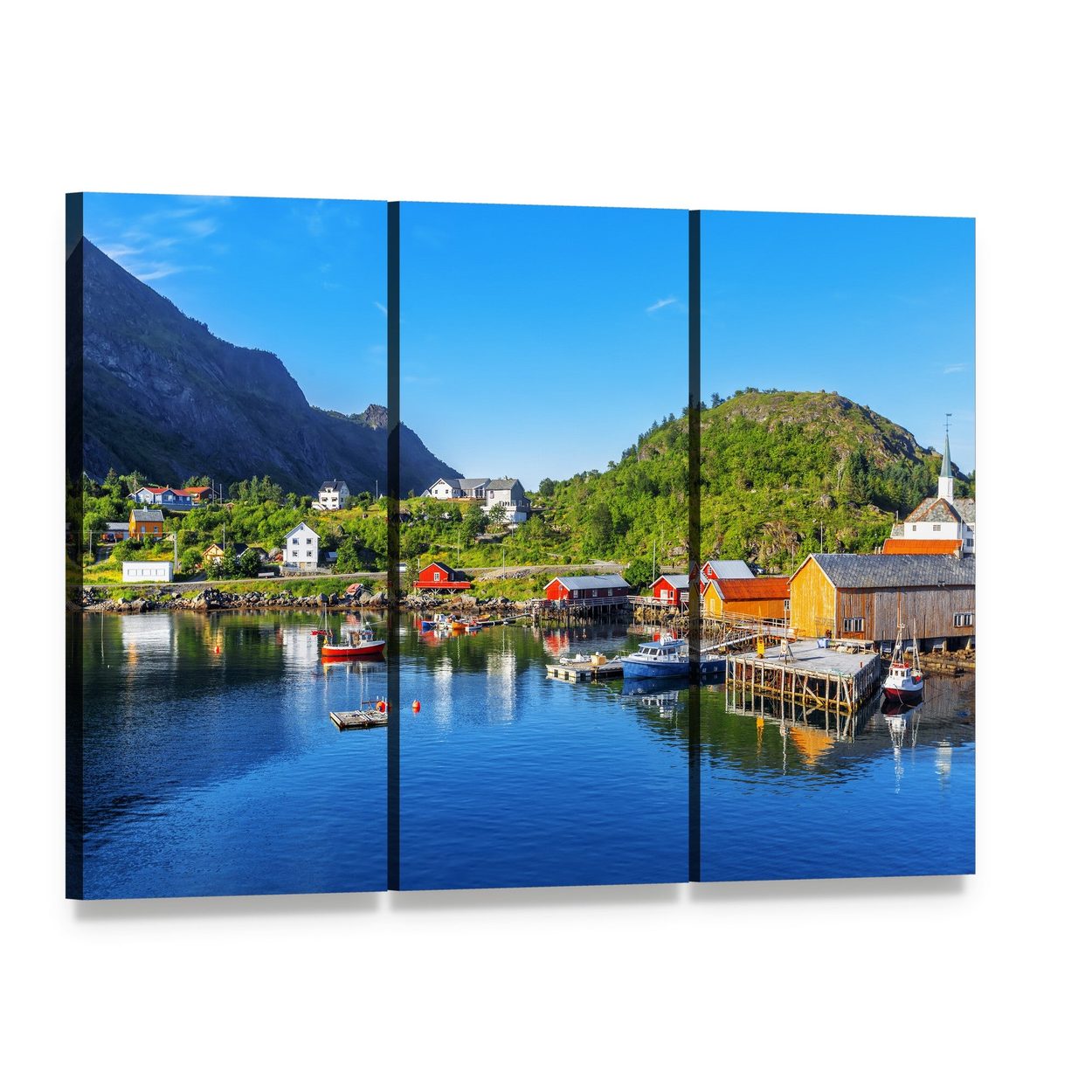 Moskenes Fishing Village Canvas Wall Art, 3 panel 3 Horizontal layout gallery wrapped canvas set, angled product view