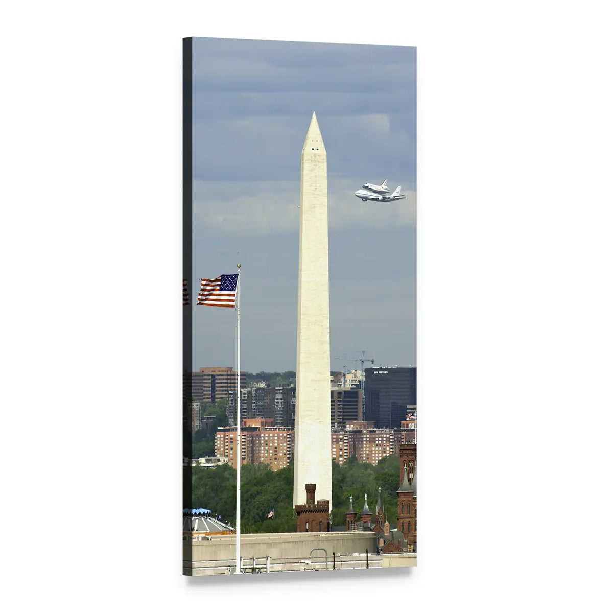 Washington Monument with Flag and Airplane Vertical Canvas Wall Art, 1 panel 1 Vertical layout gallery wrapped canvas set, angled product view