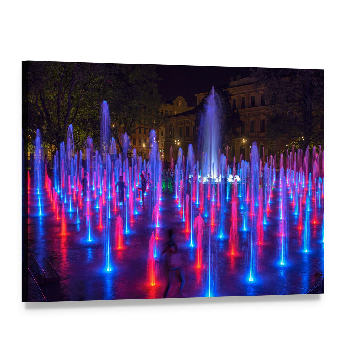 Vibrant Dancing Fountains at Night Canvas Wall Art, single panel gallery wrapped canvas, angled product view