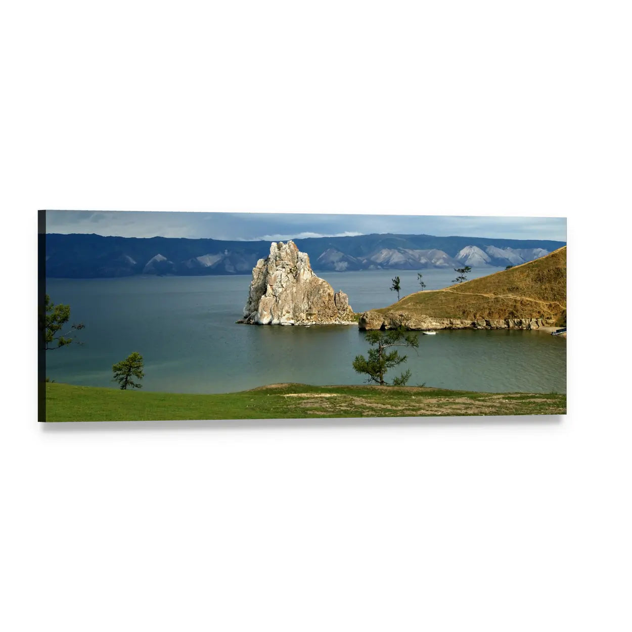 Jagged Rock Island Shoreline Panoramic Canvas Wall Art, single panel gallery wrapped canvas, angled product view