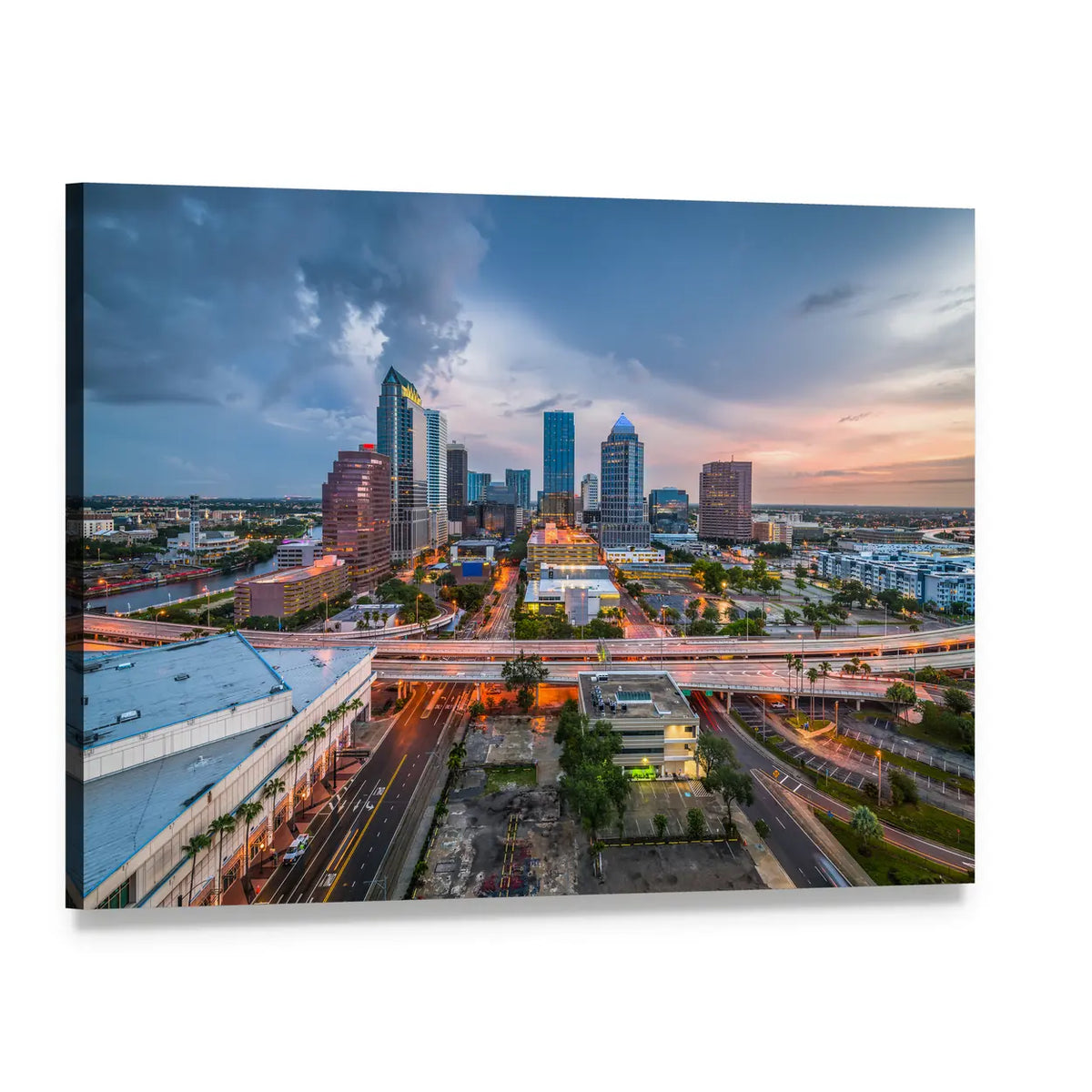 Tampa Bay Skyline at Dusk Canvas Wall Art, single panel gallery wrapped canvas, angled product view