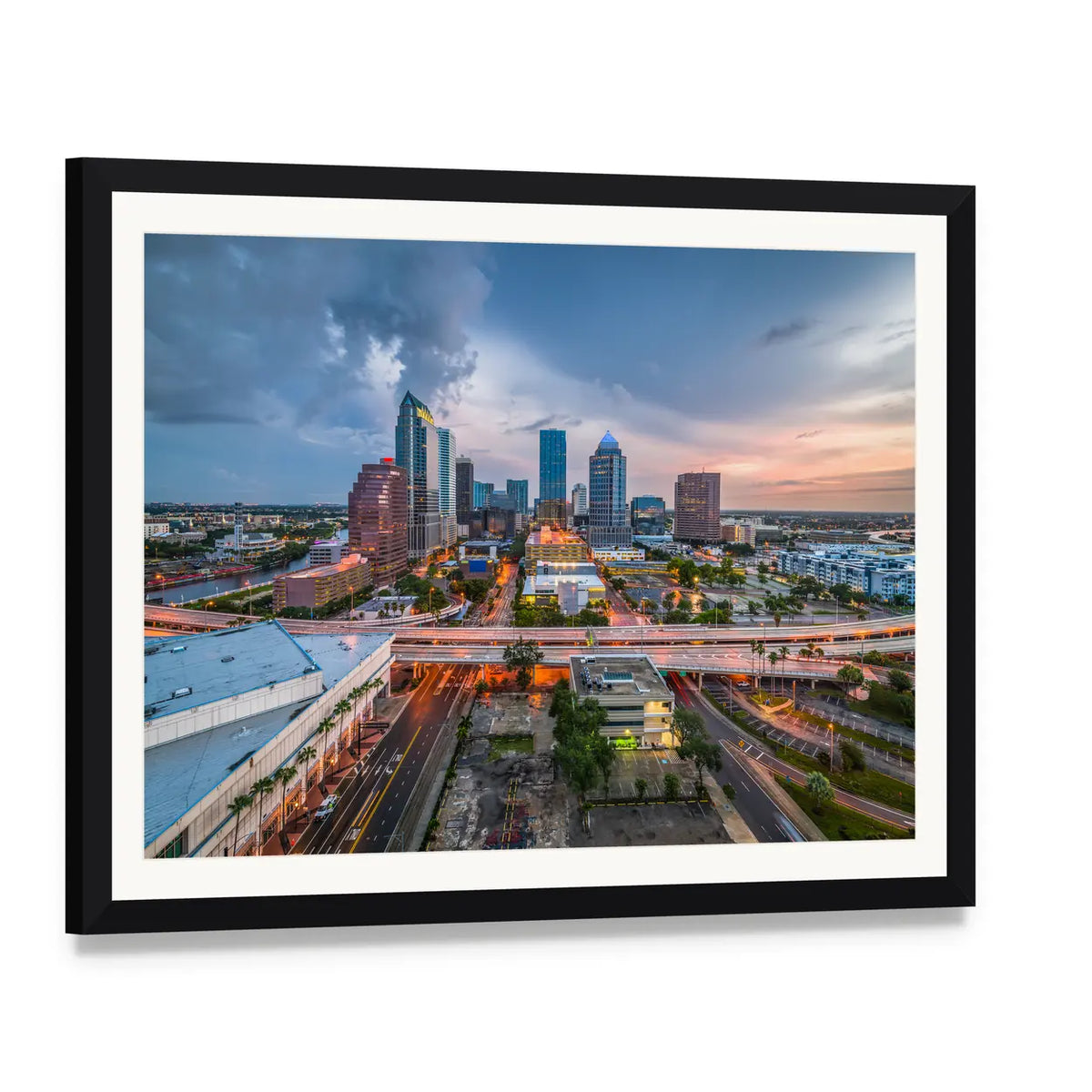 Tampa Bay Skyline at Dusk Canvas Wall Art, framed print with white mat and black frame, angled product view