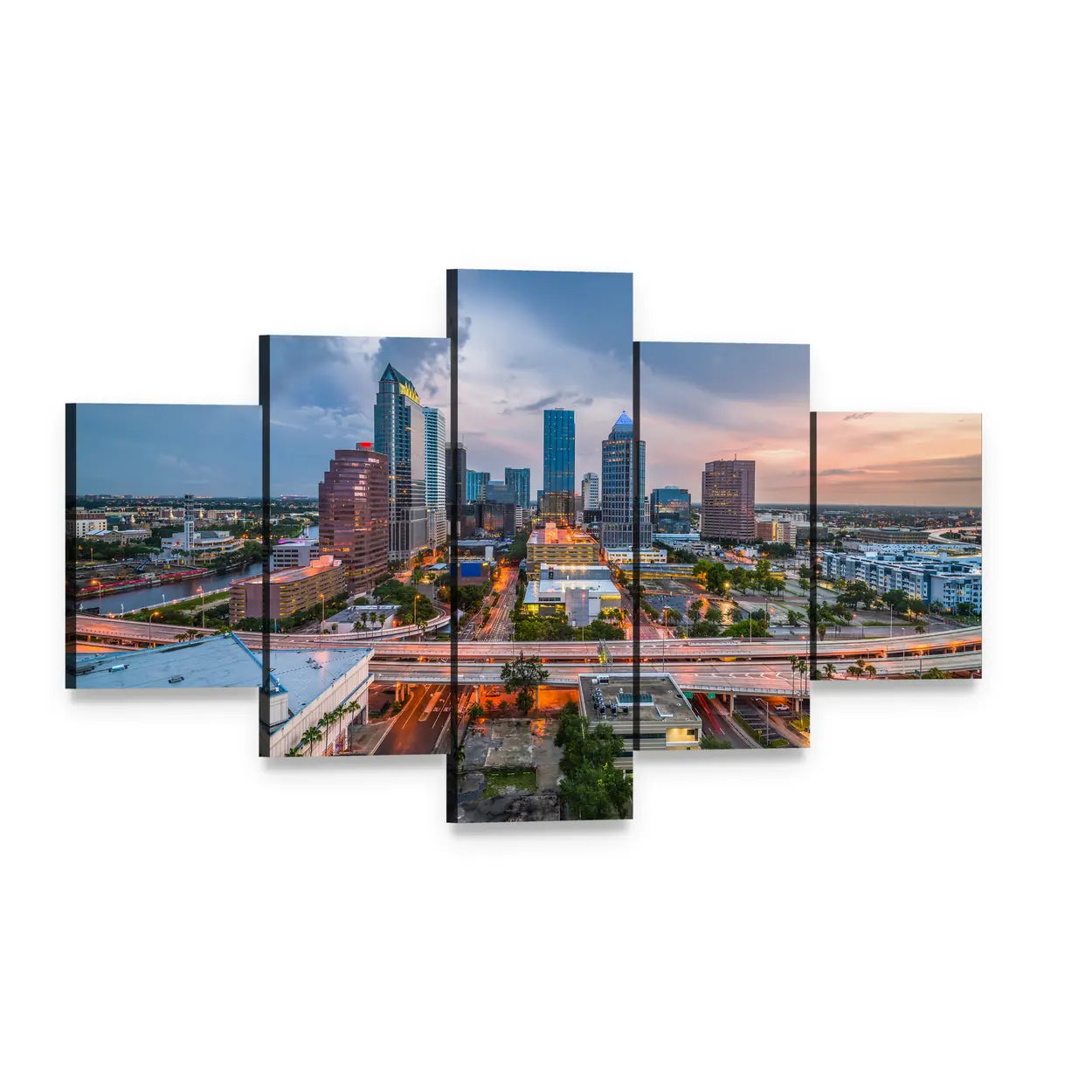 Tampa Bay Skyline at Dusk Canvas Wall Art, 5 panel 5 Star layout gallery wrapped canvas set, angled product view
