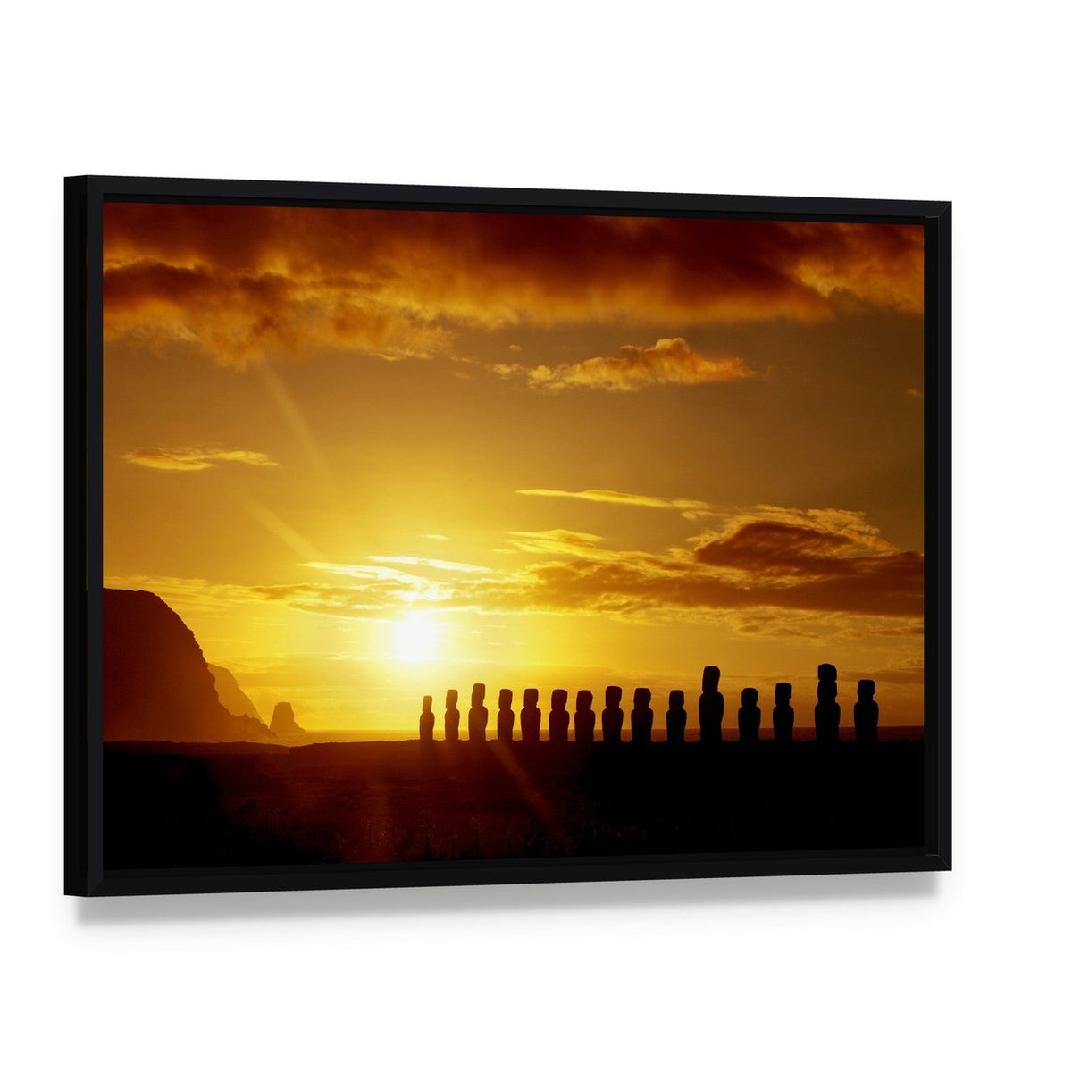 Sunrise at Easter Island Canvas Wall Art, framed canvas in a black floater frame, angled product view