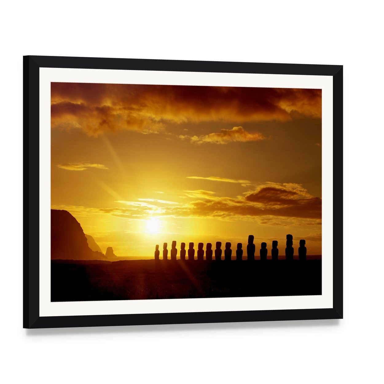 Sunrise at Easter Island Canvas Wall Art, framed print with white mat and black frame, angled product view