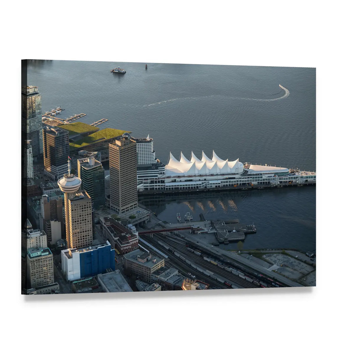 Vancouver Downtown Waterfront Skyline Canvas Wall Art, single panel gallery wrapped canvas, angled product view
