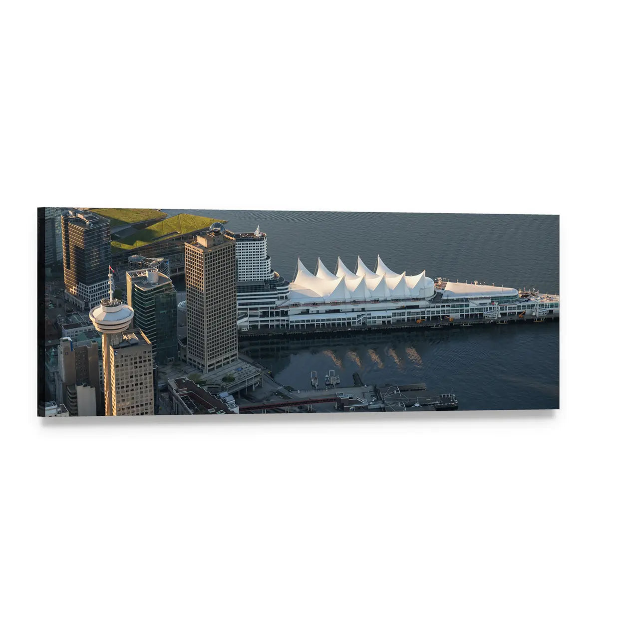Downtown Vancouver Skyline Panoramic Canvas Wall Art, single panel gallery wrapped canvas, angled product view