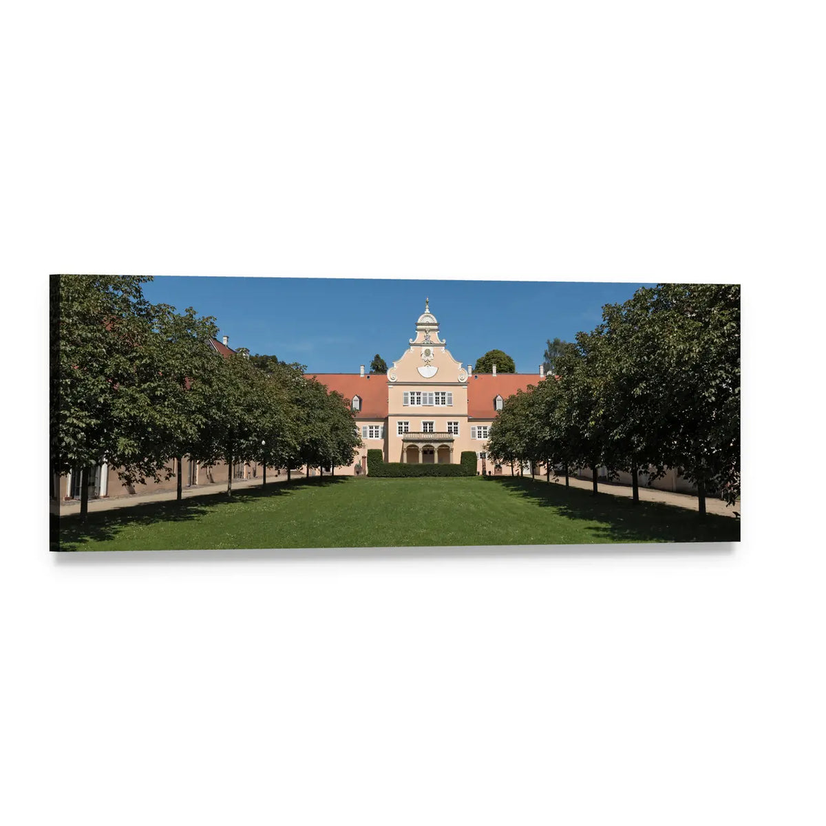 Renaissance Hunting Castle Kranichstein Panoramic Canvas Wall Art, single panel gallery wrapped canvas, angled product view