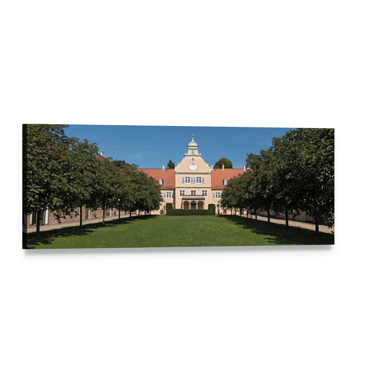 Renaissance Hunting Castle Kranichstein Panoramic Canvas Wall Art, single panel gallery wrapped canvas, angled product view