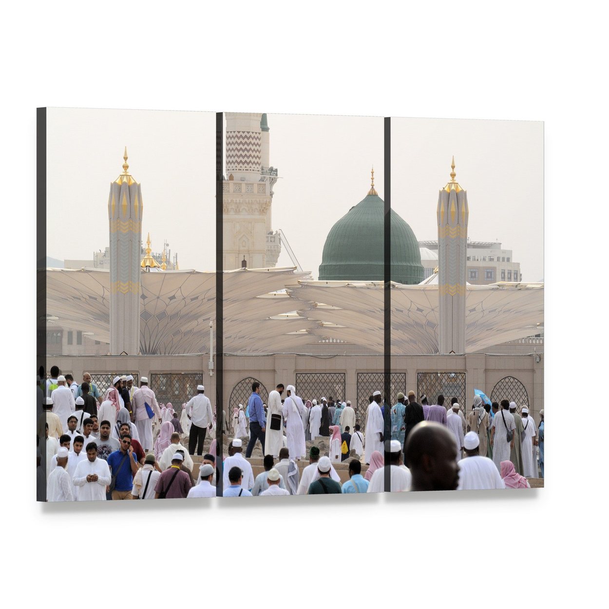 Nabawi Mosque in Medina Canvas Wall Art, 3 panel 3 Horizontal layout gallery wrapped canvas set, angled product view