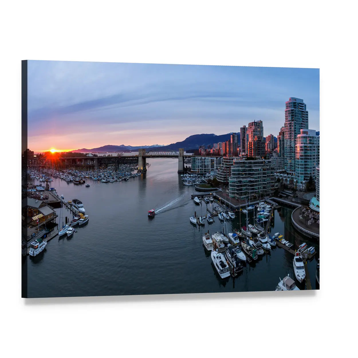 False Creek Sunset Cityscape Canvas Wall Art, single panel gallery wrapped canvas, angled product view