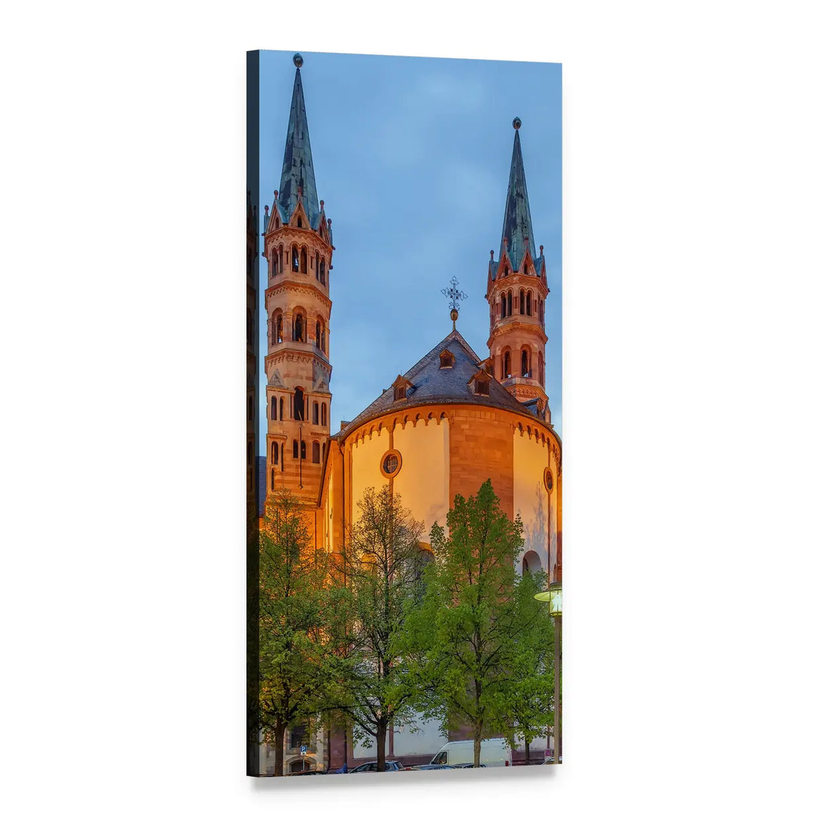 Twin Cathedral Spires at Twilight Vertical Canvas Wall Art, 1 panel 1 Vertical layout gallery wrapped canvas set, angled product view