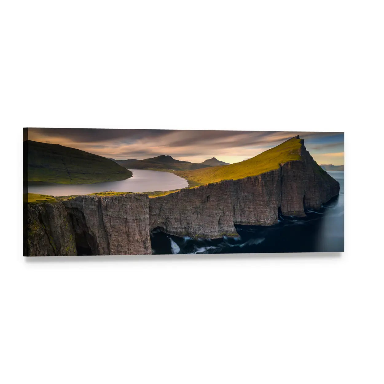 Cliffs of Vagar Panoramic Canvas Wall Art, single panel gallery wrapped canvas, angled product view