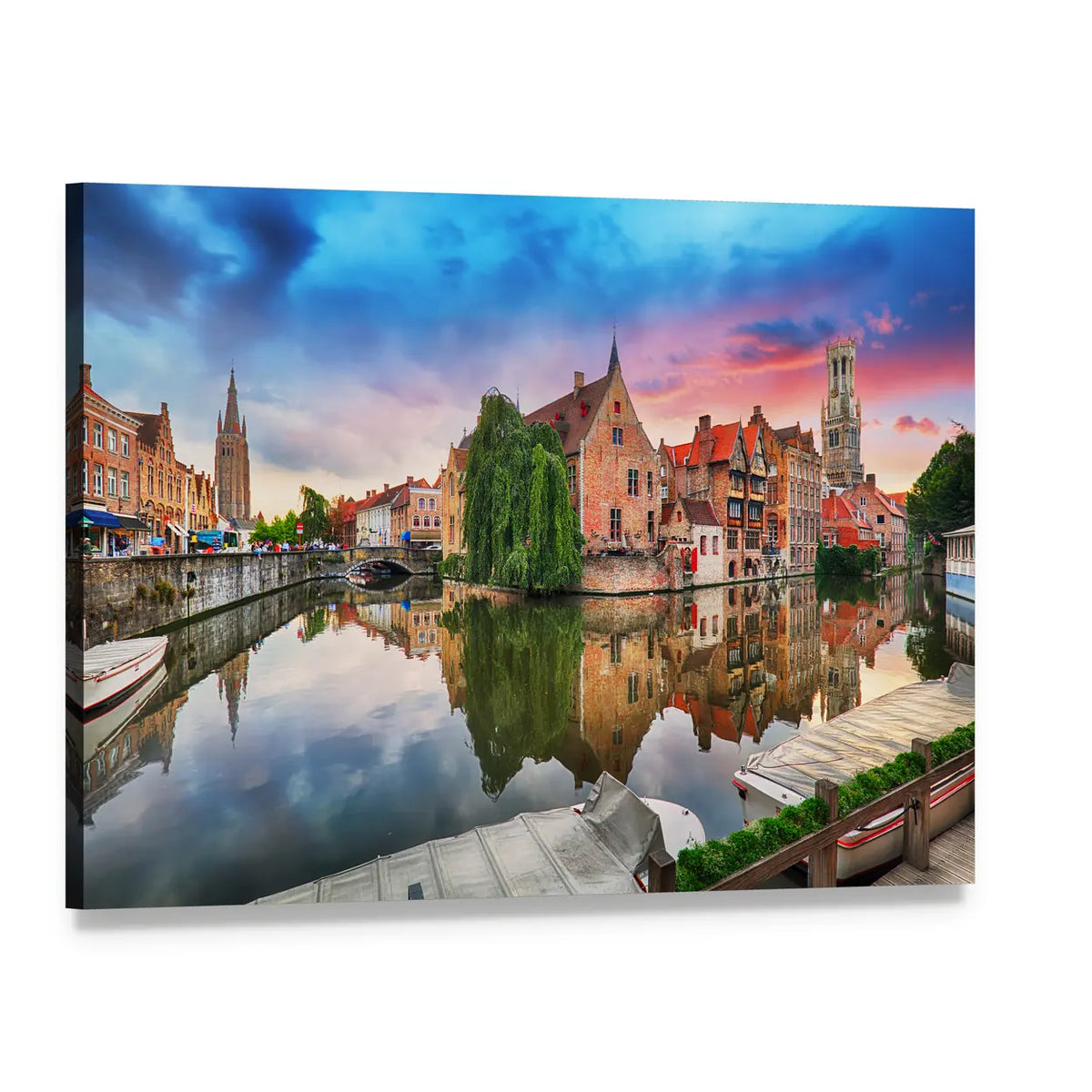 Bruges Canal Sunset Canvas Wall Art, single panel gallery wrapped canvas, angled product view