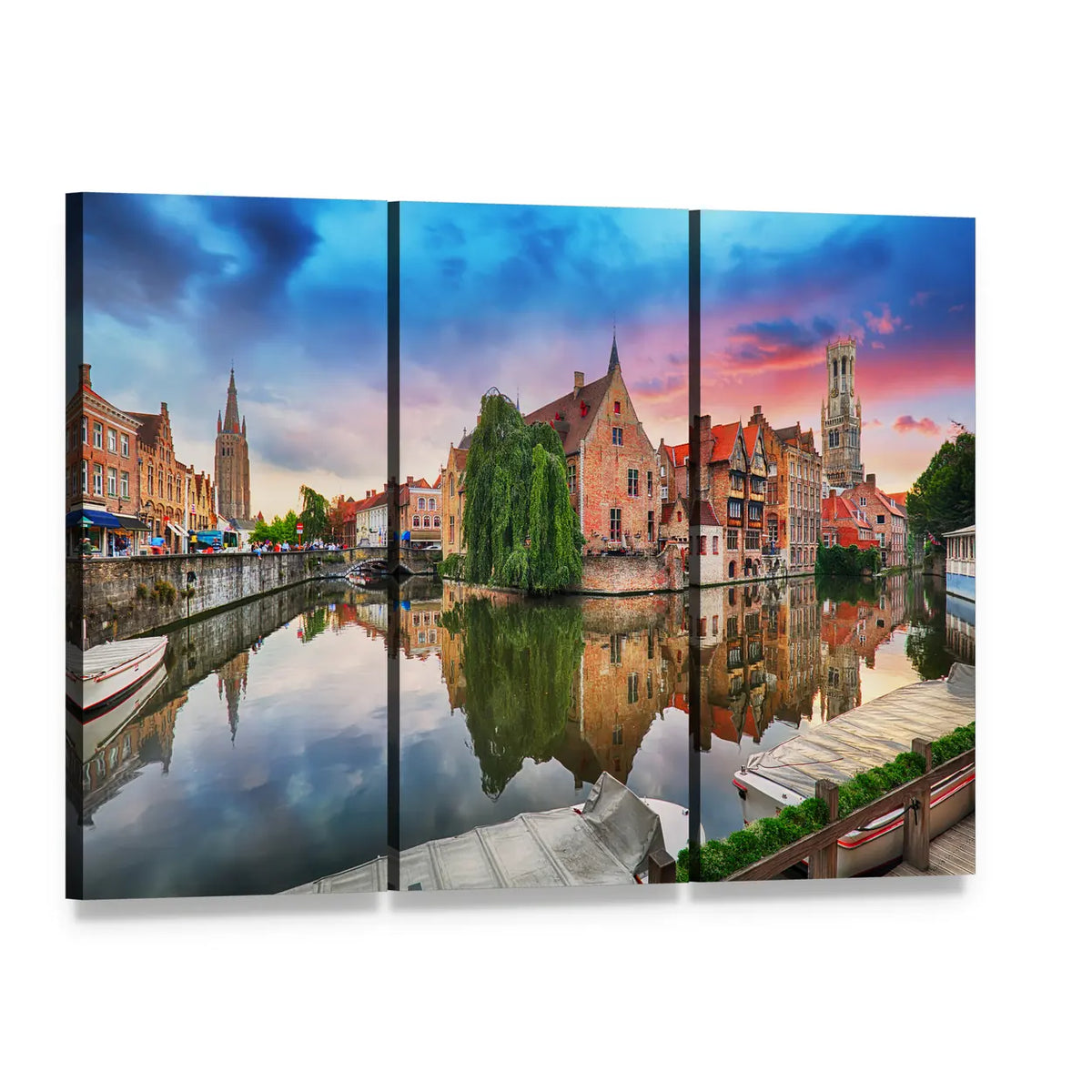 Bruges Canal Sunset Canvas Wall Art, 3 panel 3 Horizontal layout gallery wrapped canvas set, angled product view