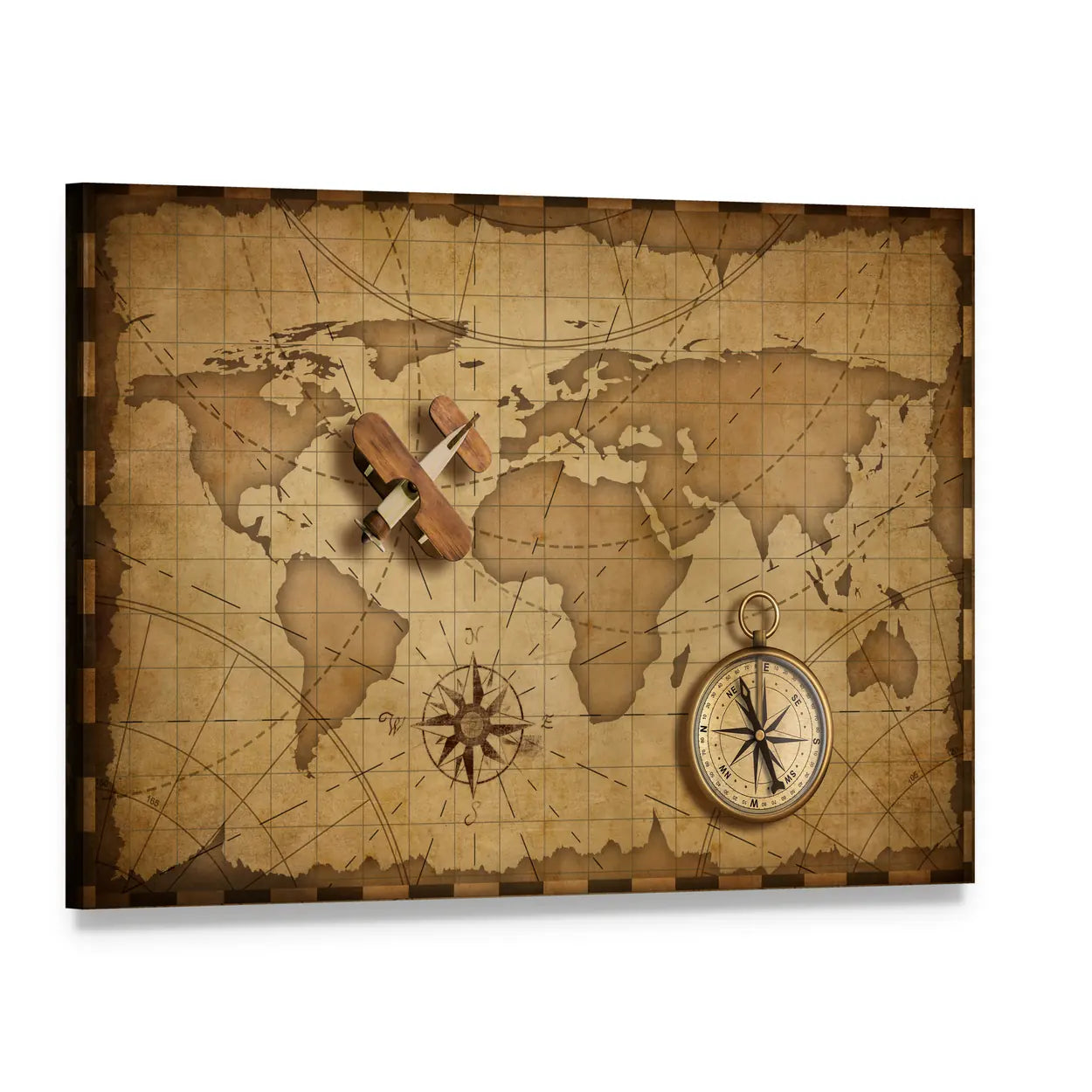 Wooden Biplane Over Vintage World Map Canvas Wall Art, single panel gallery wrapped canvas, angled product view