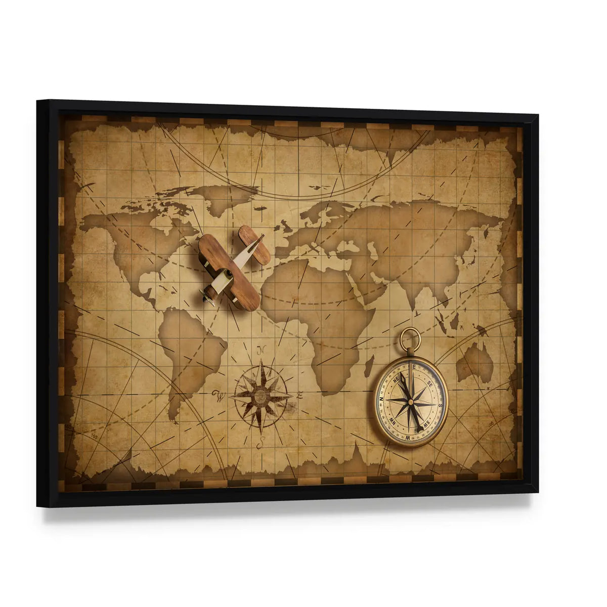 Wooden Biplane Over Vintage World Map Canvas Wall Art, framed canvas in a black floater frame, angled product view