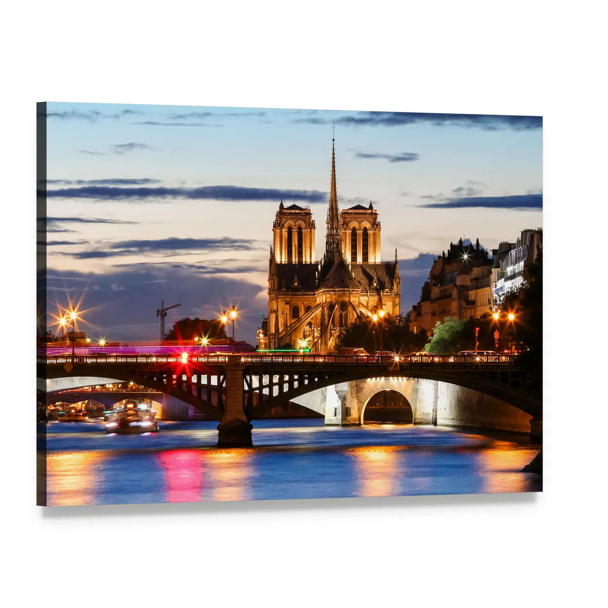 Notre Dame Cathedral Paris at Dusk Canvas Wall Art, single panel gallery wrapped canvas, angled product view