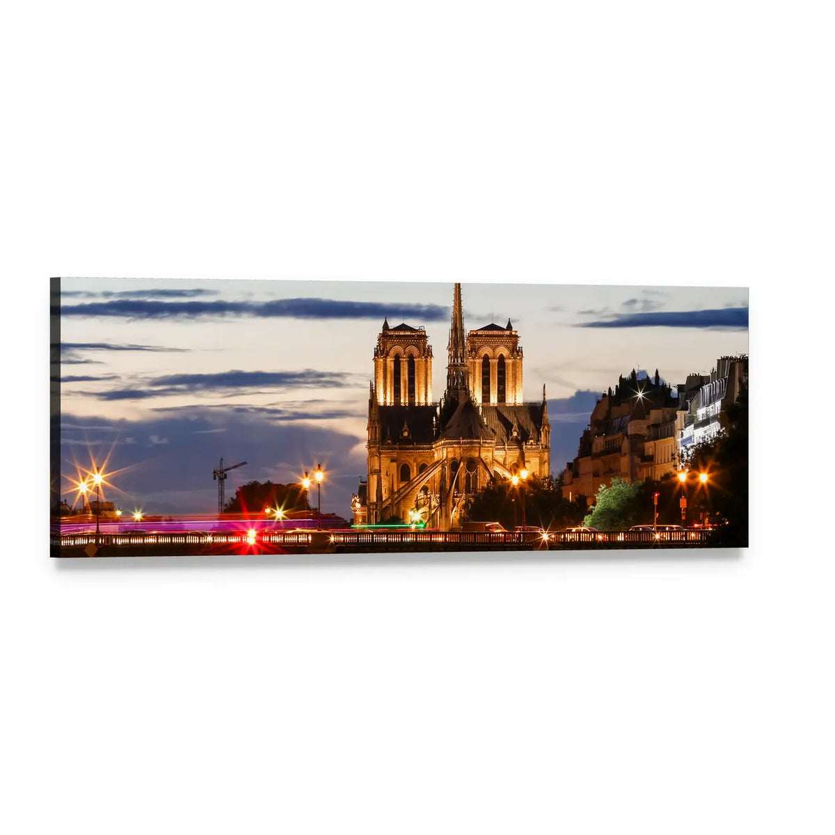 Notre Dame Cathedral at Twilight, Paris Panoramic Canvas Wall Art, single panel gallery wrapped canvas, angled product view