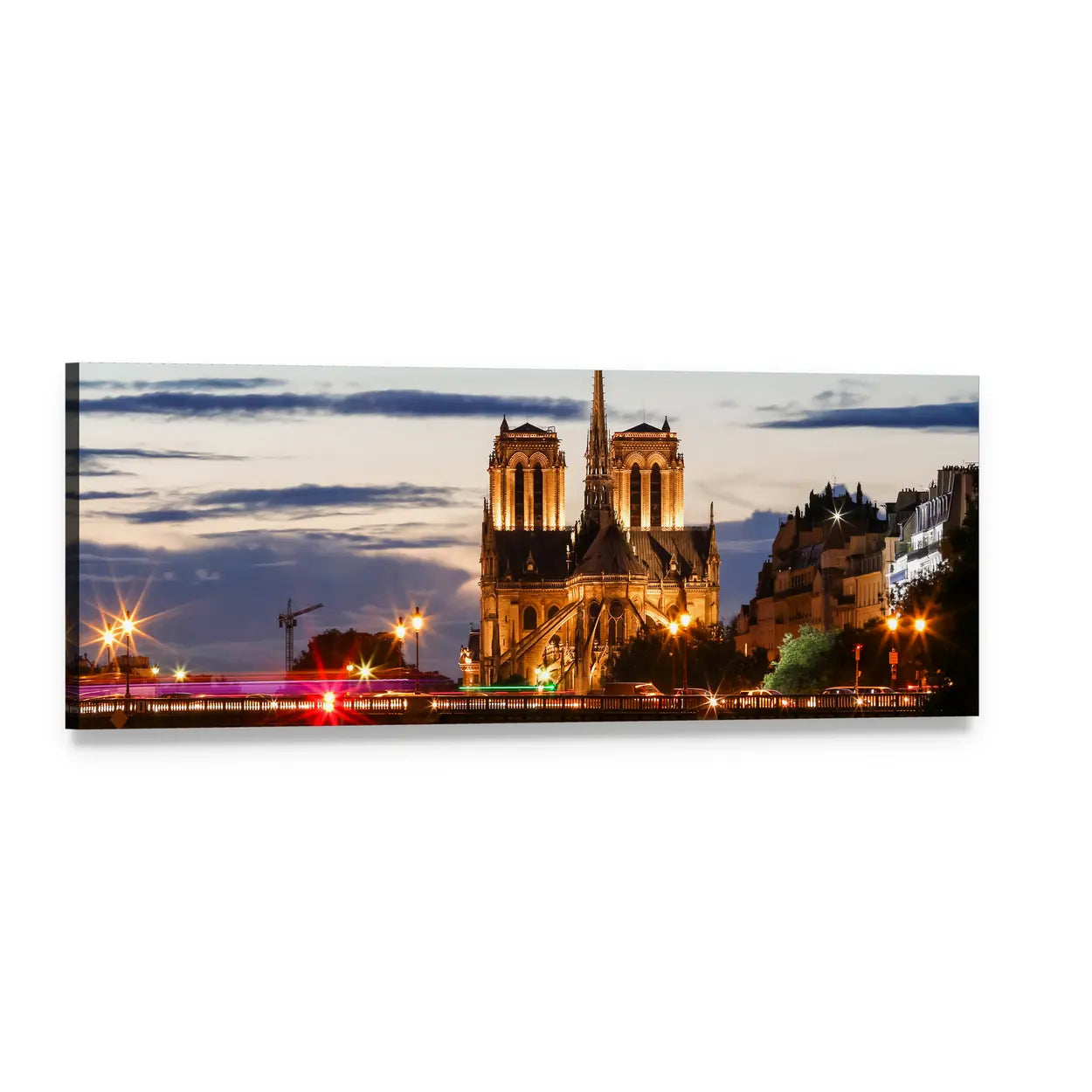 Notre Dame Cathedral at Twilight, Paris Panoramic Canvas Wall Art, single panel gallery wrapped canvas, angled product view