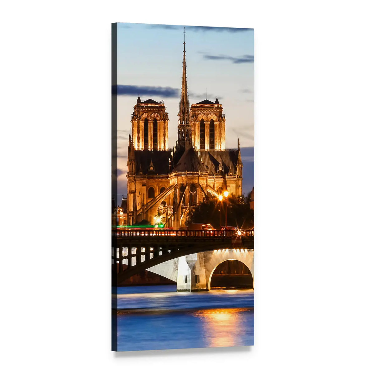 Notre-dame Cathedral at Twilight Vertical Canvas Wall Art, 1 panel 1 Vertical layout gallery wrapped canvas set, angled product view
