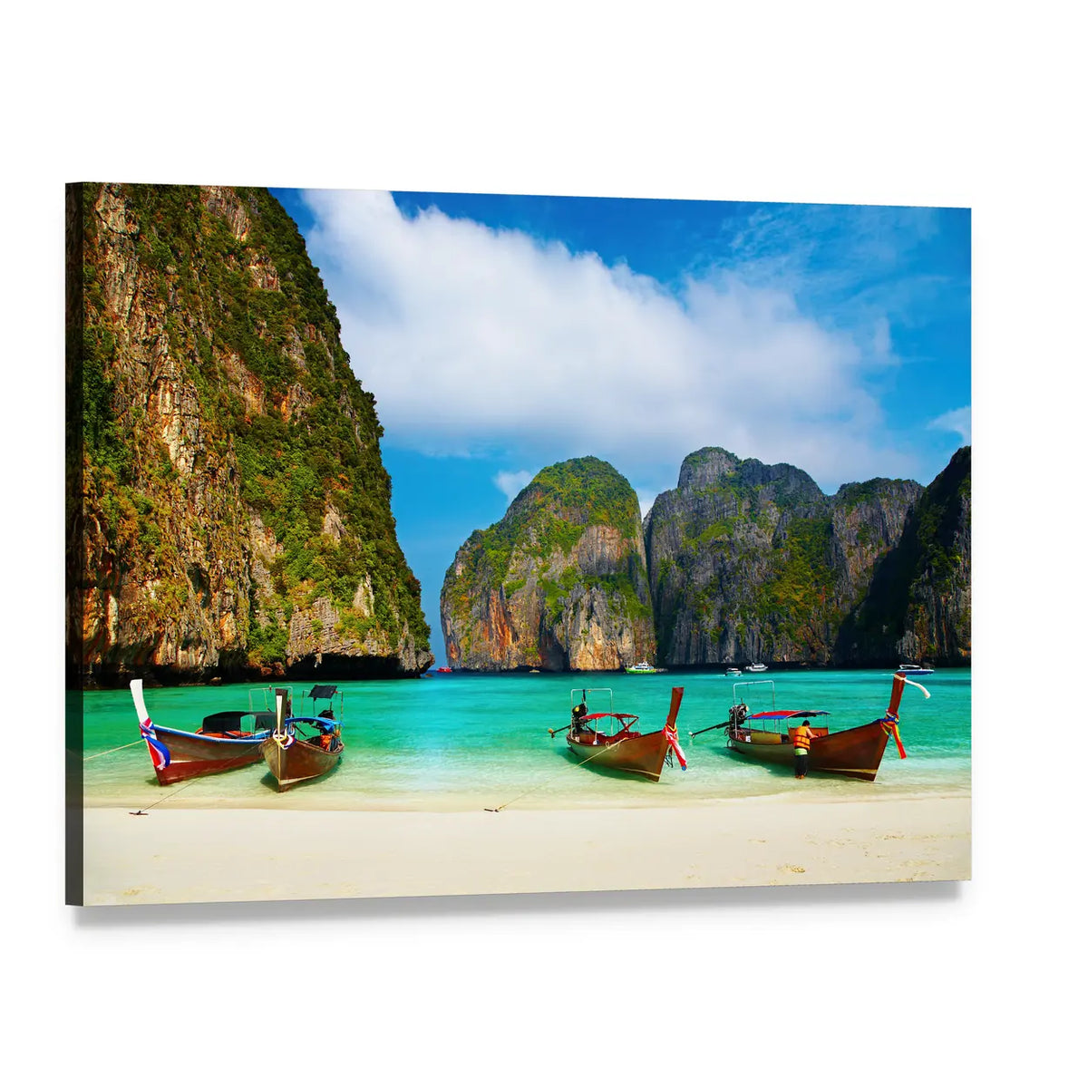 Tropical Beach And Traditional Long Tail Boats In Maya Bay Canvas Wall Art, single panel gallery wrapped canvas, angled product view