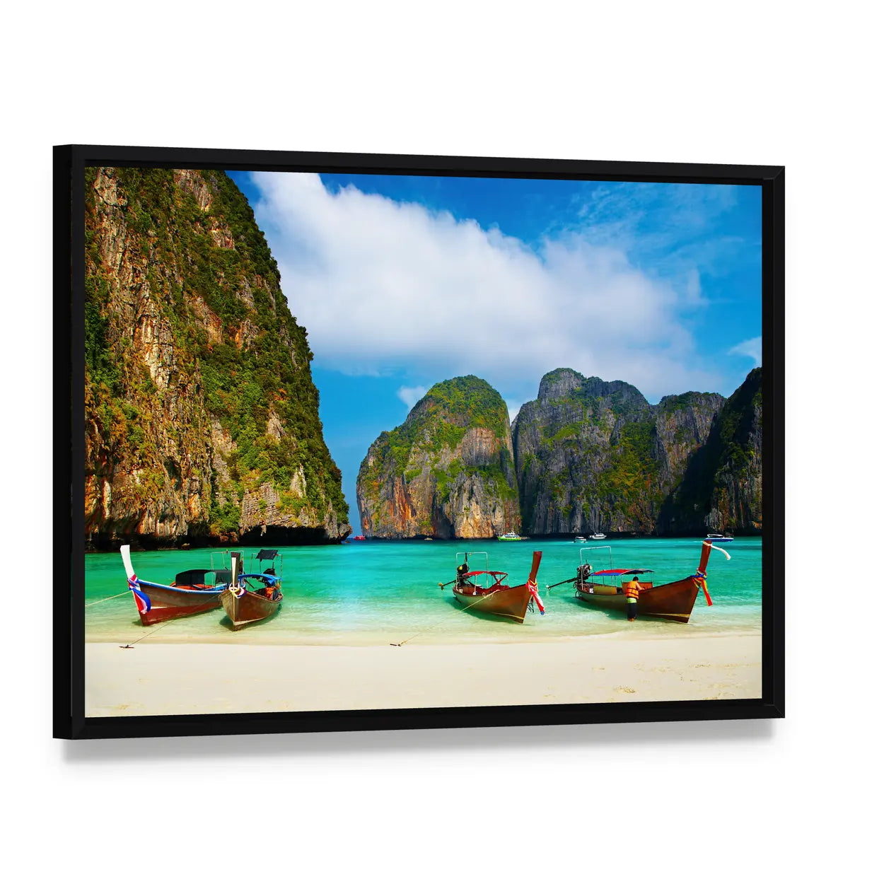 Tropical Beach And Traditional Long Tail Boats In Maya Bay Canvas Wall Art, framed canvas in a black floater frame, angled product view