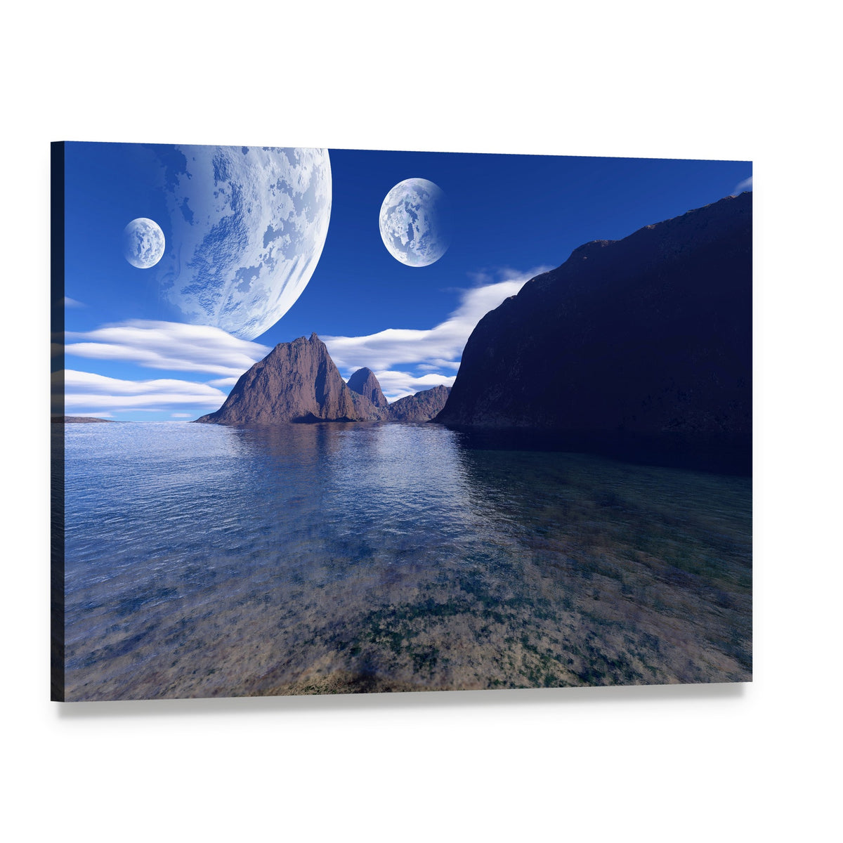 Alien Moons Over Shallow Ocean Landscape Canvas Wall Art, single panel gallery wrapped canvas, angled product view