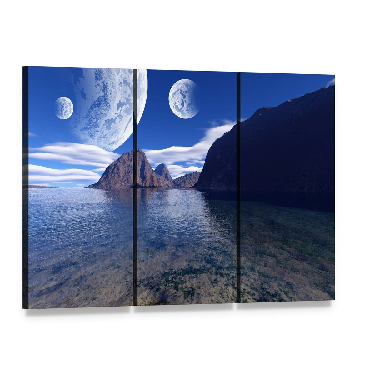 Alien Moons Over Shallow Ocean Landscape Canvas Wall Art, 3 panel 3 Horizontal layout gallery wrapped canvas set, angled product view
