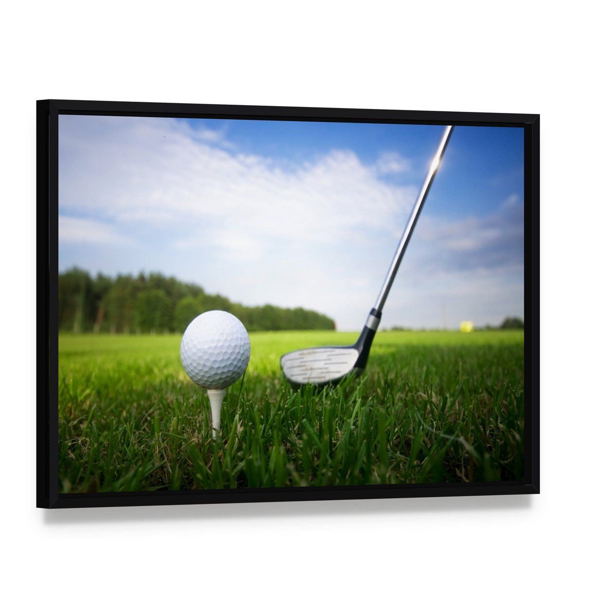 Golf Club and Ball Canvas Wall Art, framed canvas in a black floater frame, angled product view