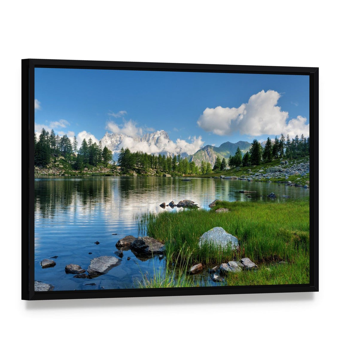 Arpy Lake Italy Canvas Wall Art, framed canvas in a black floater frame, angled product view