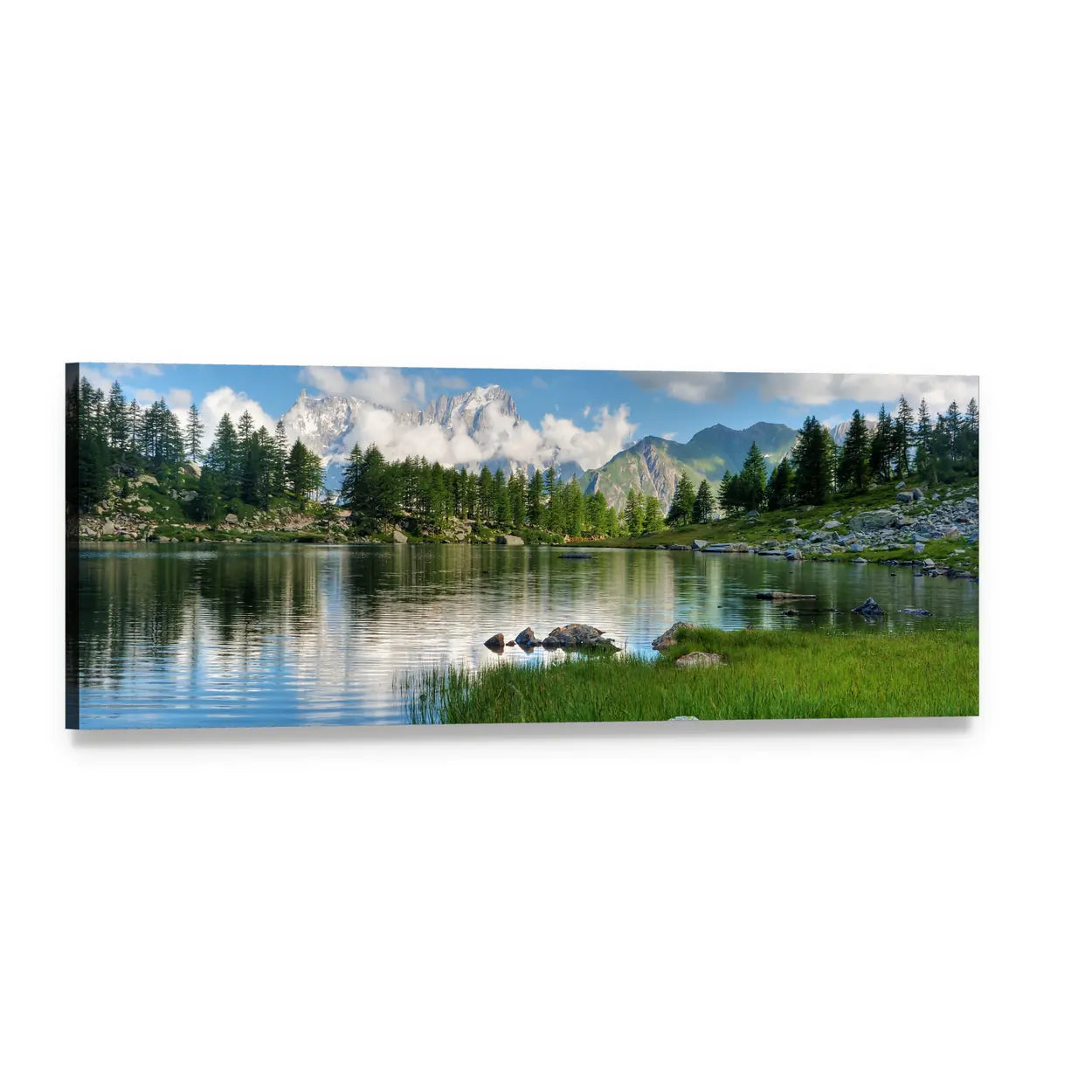Arpy Lake Italy Alpine Reflection Panoramic Canvas Wall Art, single panel gallery wrapped canvas, angled product view