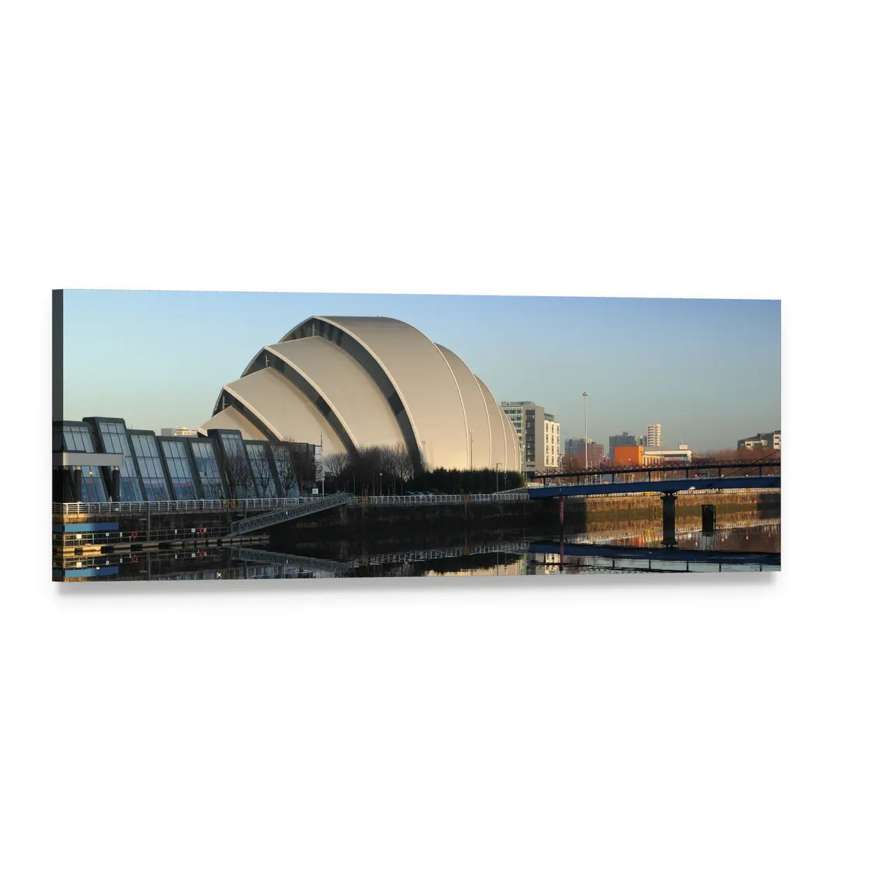 Glasgow Armadillo Over River Clyde Panoramic Canvas Wall Art, single panel gallery wrapped canvas, angled product view