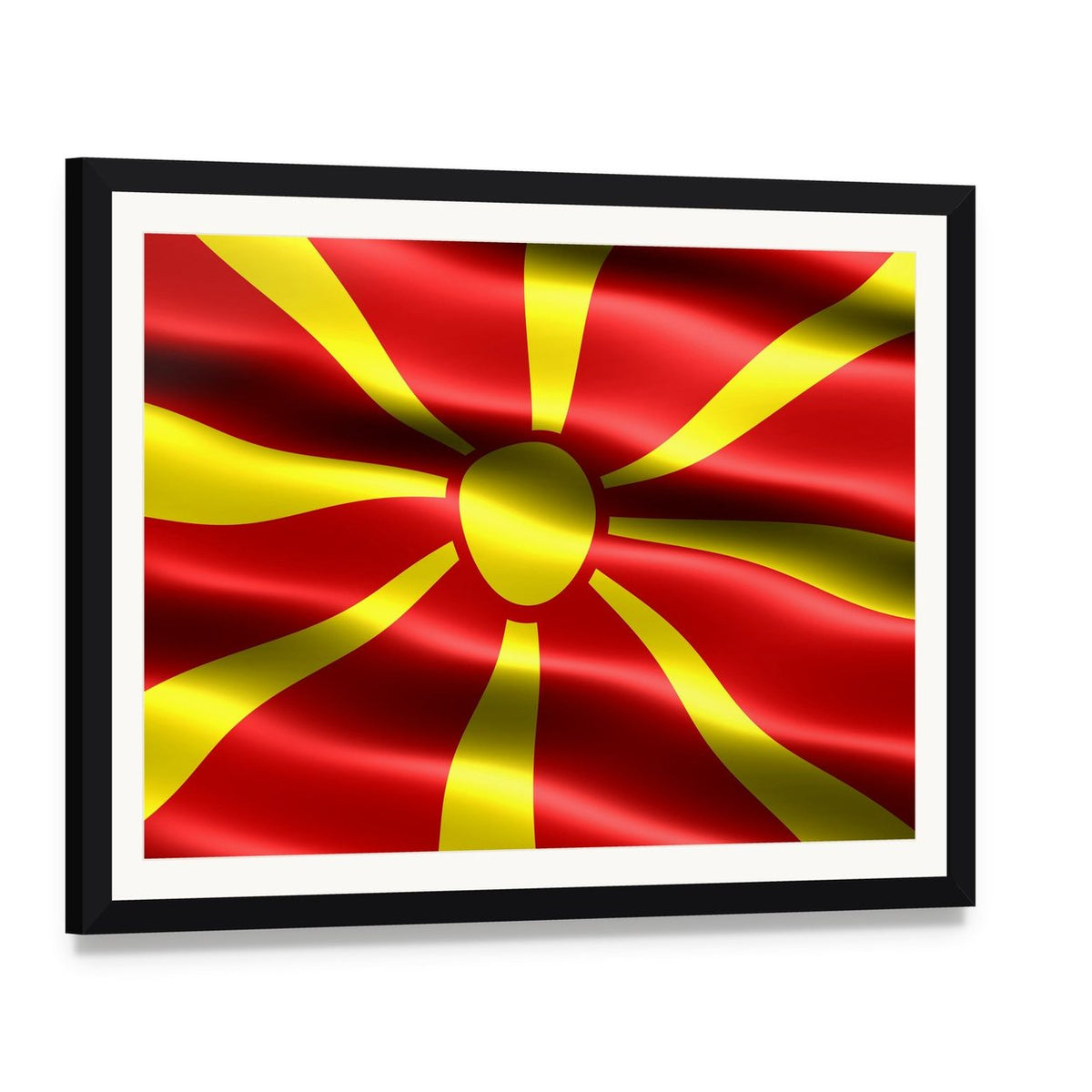 North Macedonia Flag Canvas Wall Art, framed print with white mat and black frame, angled product view