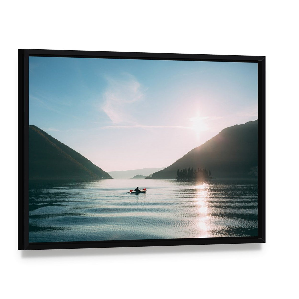 Kayaker at Sunset on Mountain Lake Canvas Wall Art, framed canvas in a black floater frame, angled product view