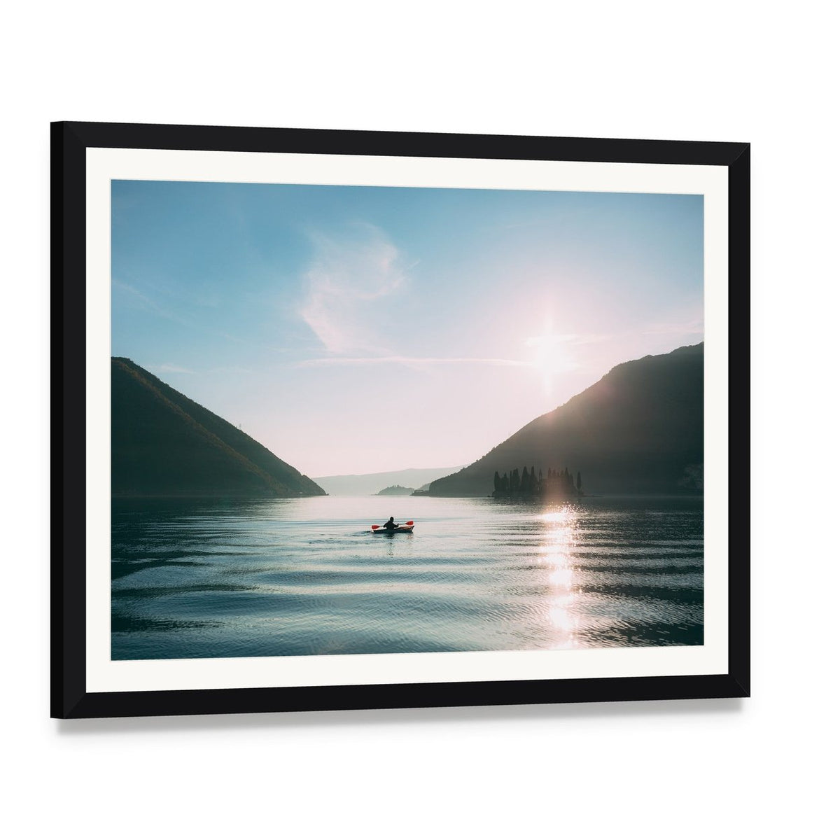 Kayaker at Sunset on Mountain Lake Canvas Wall Art, framed print with white mat and black frame, angled product view