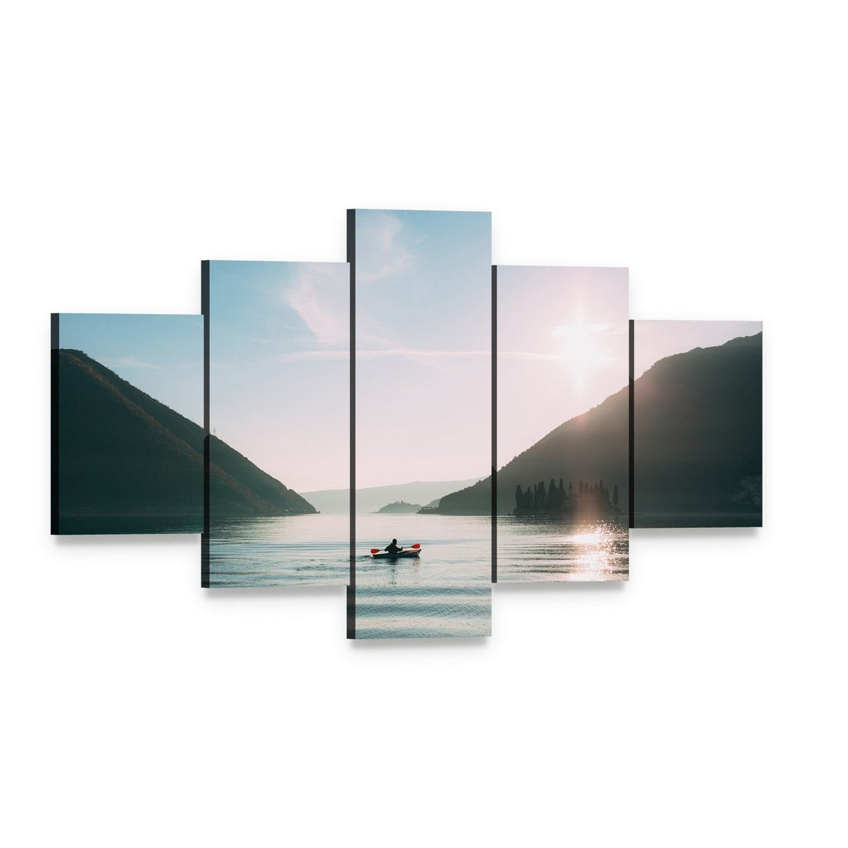 Kayaker at Sunset on Mountain Lake Canvas Wall Art, 5 panel 5 Star layout gallery wrapped canvas set, angled product view