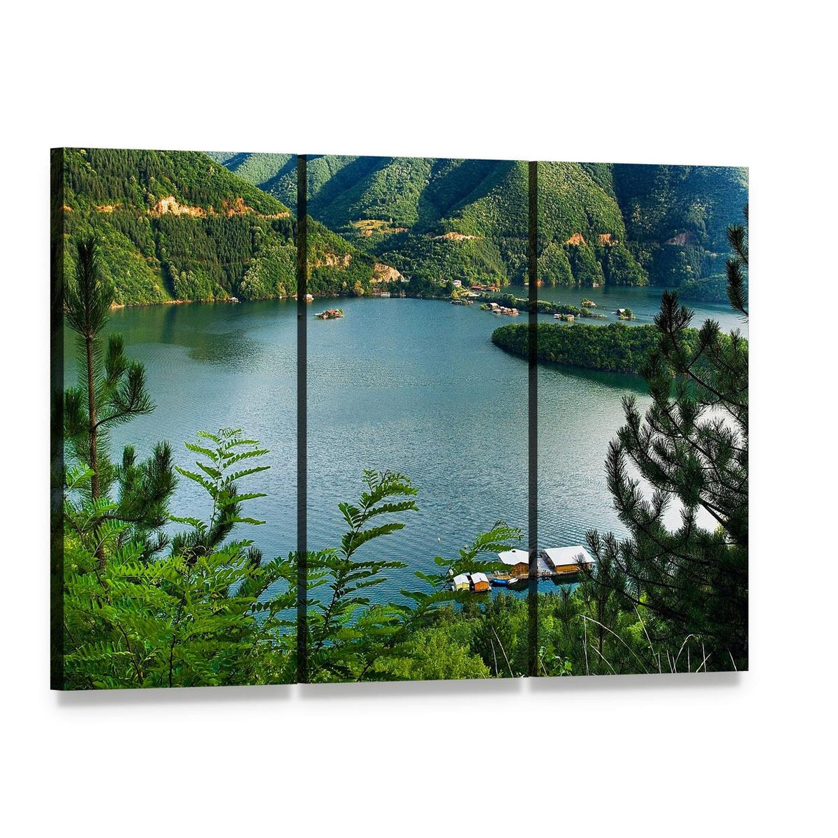 Lake at Vacha River Canvas Wall Art, 3 panel 3 Horizontal layout gallery wrapped canvas set, angled product view