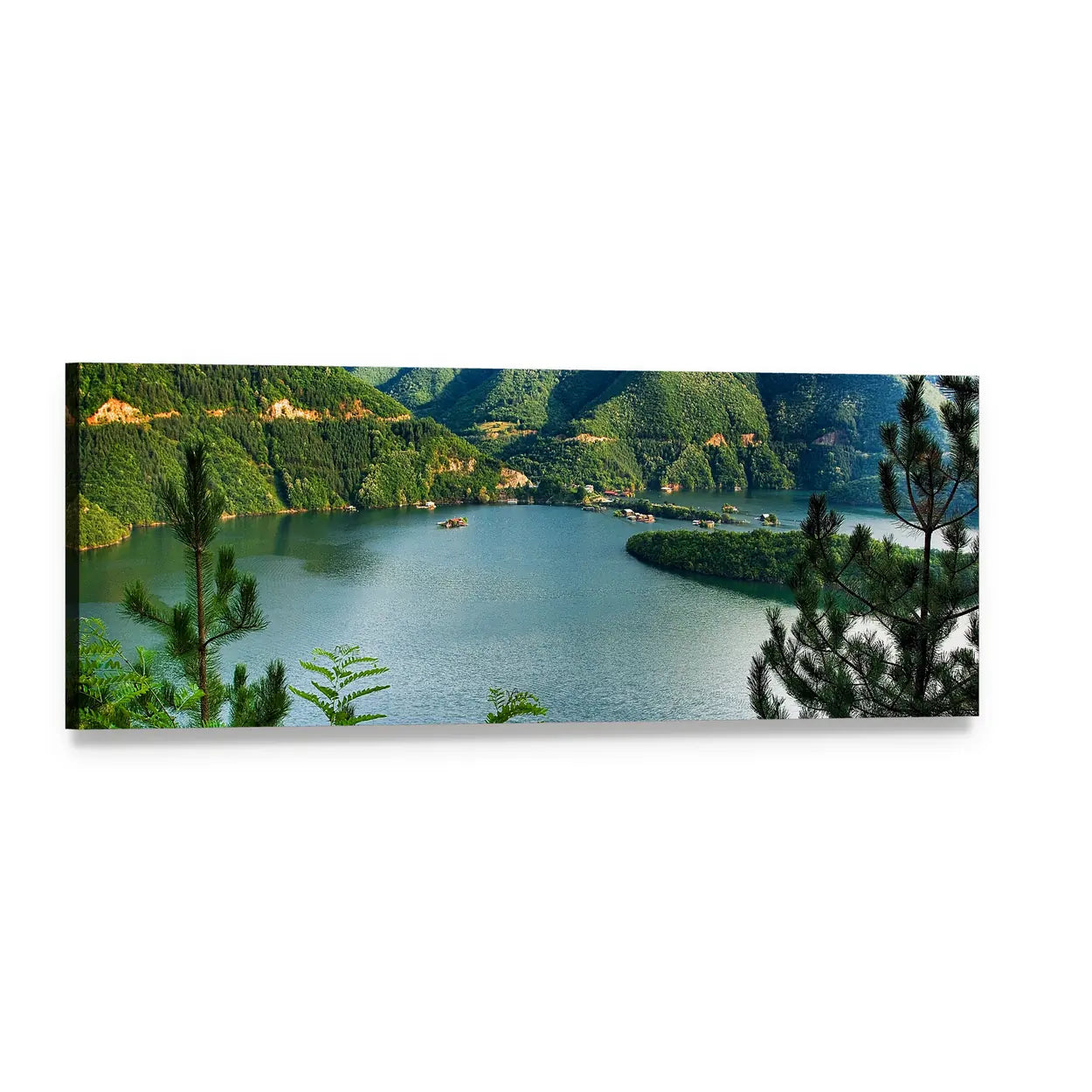 Lake at Vacha River Panoramic Canvas Wall Art, single panel gallery wrapped canvas, angled product view