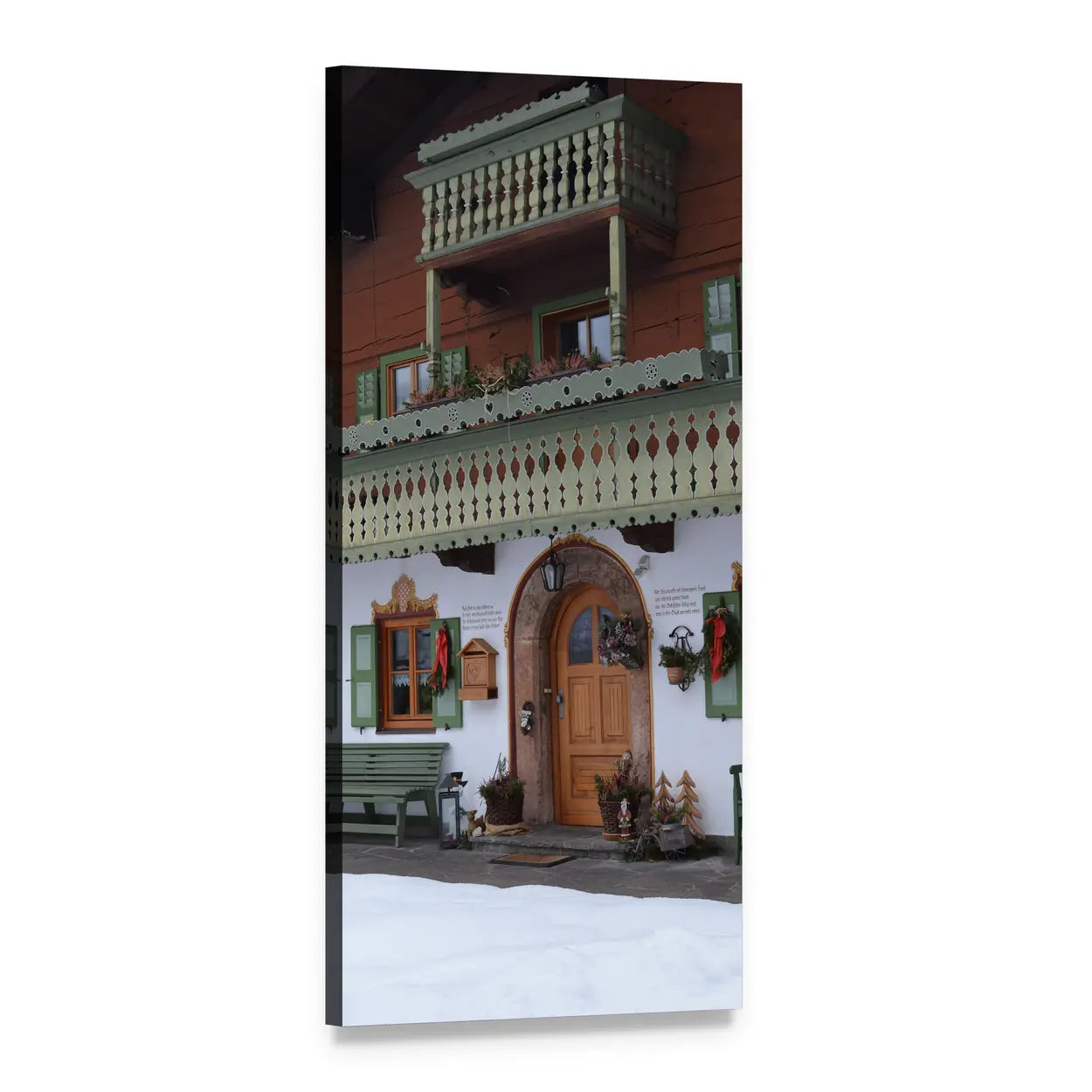 Winter Alpine Chalet with Green Balconies Vertical Canvas Wall Art, 1 panel 1 Vertical layout gallery wrapped canvas set, angled product view