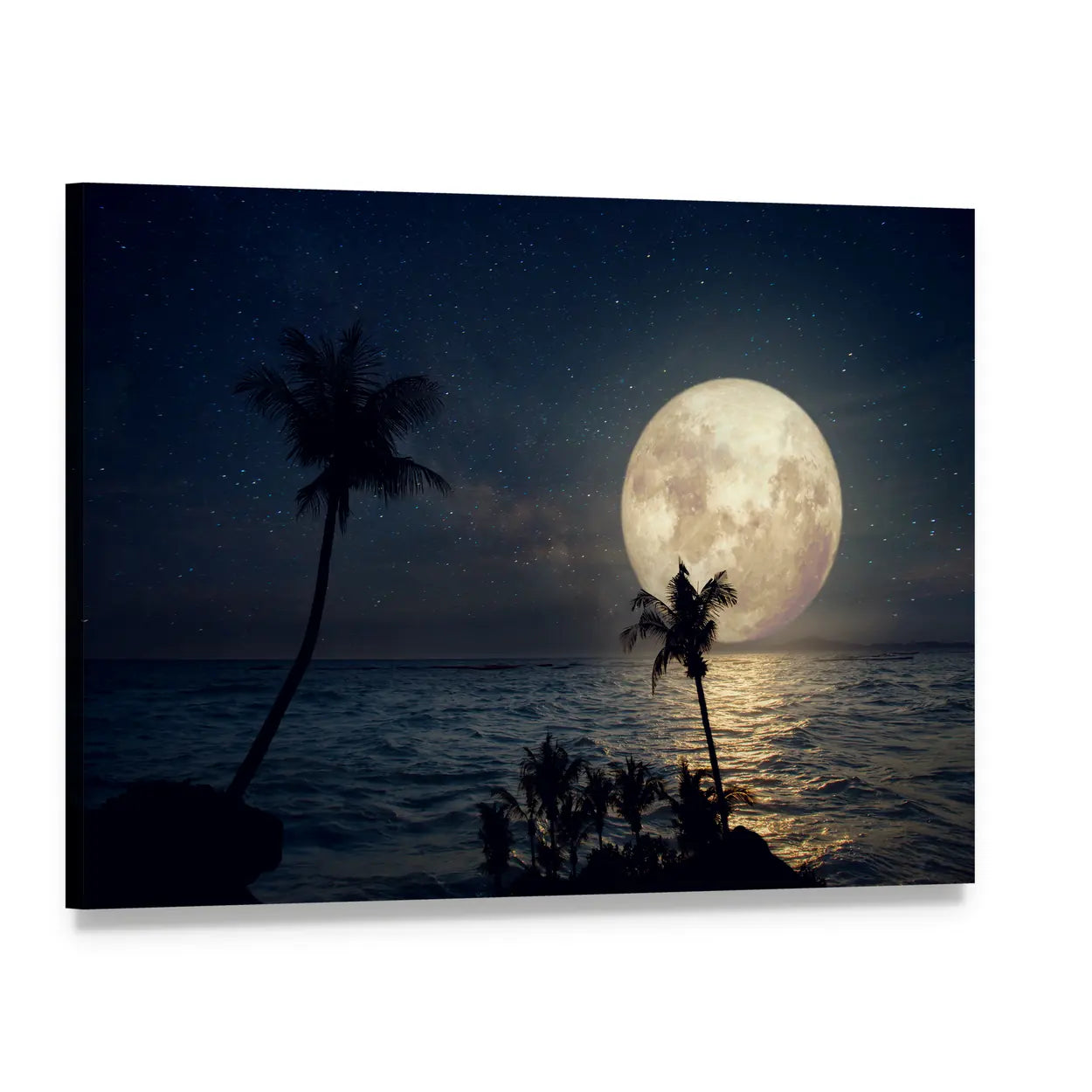 Tropical Beach Under Full Moon Canvas Wall Art, single panel gallery wrapped canvas, angled product view