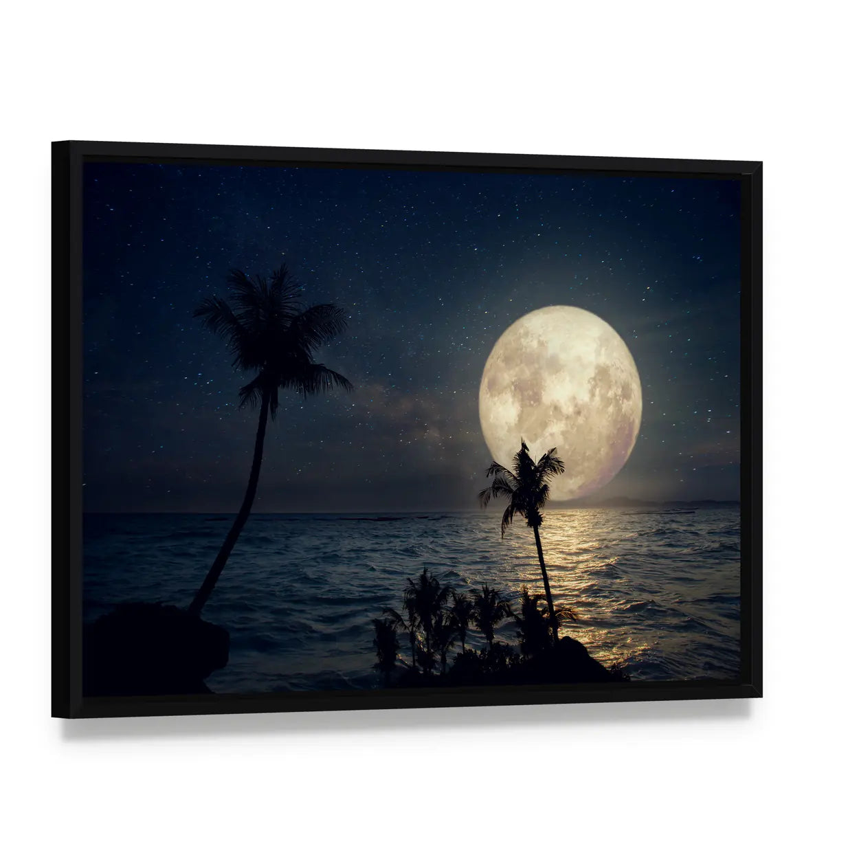 Tropical Beach Under Full Moon Canvas Wall Art, framed canvas in a black floater frame, angled product view