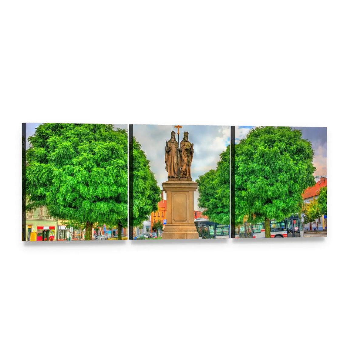 Statue of Saints Cyril and Methodius, Czech Republic Panoramic Canvas Wall Art, 3 panel 3 Piece layout gallery wrapped canvas set, angled product view